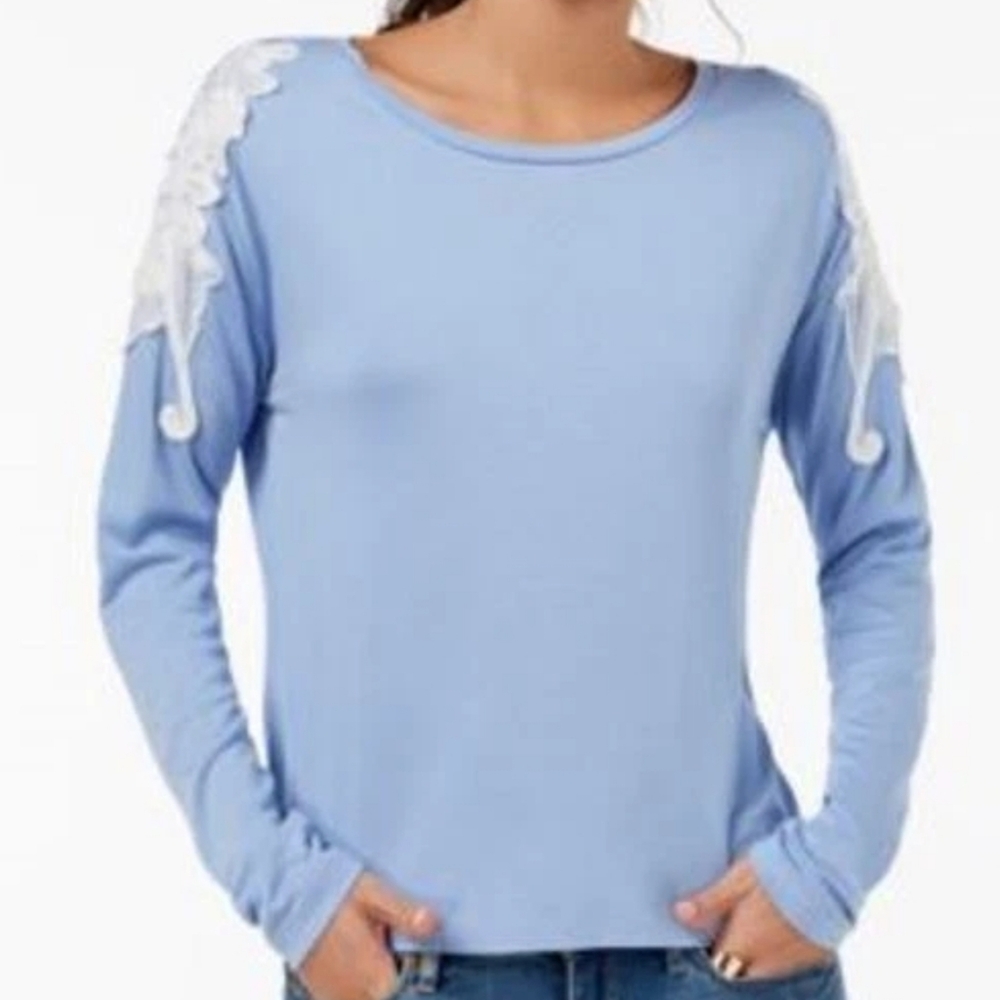 Elegant Light Blue Long Sleeve Top with Lace Accents